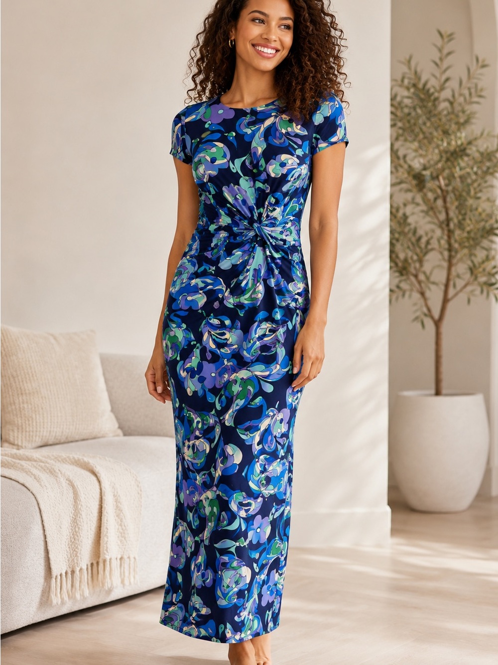 Donna Morgan • NWT Floral Twist-Front Maxi Dress in Navy Blue PTP 17”-22”